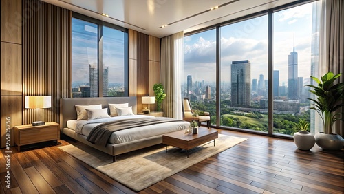 Modern bedroom interior in a high-rise apartment with sleek wooden furniture, cityscape views of Ho Chi Minh City skyline through floor-to-ceiling windows. photo