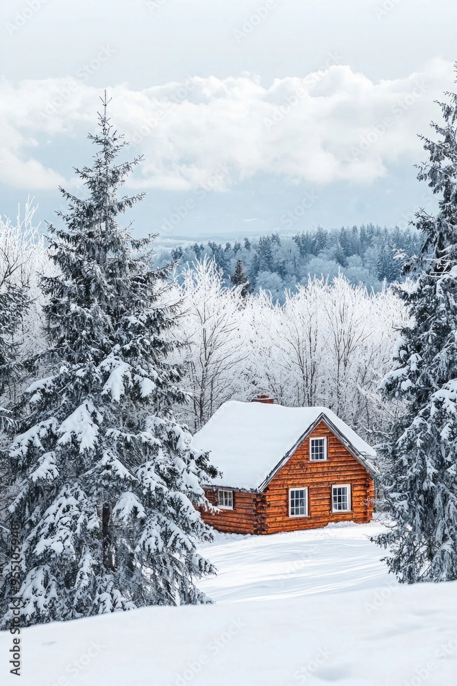 The sharp contrast of a distant snow-covered cabin in a winter landscape, with the surrounding trees and snow softly blurred. The sharp contrast of a distant snow-covered cabin in a winter landscape, with the surrounding trees and snow softly blurred.