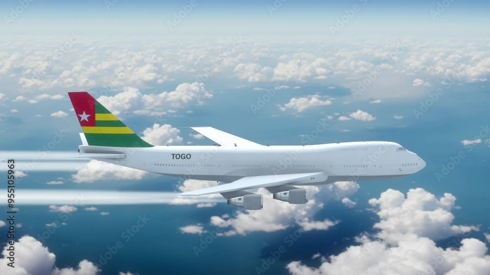 Commercial Airliner Passanger Plane Jumbo Jet Flying over Clouds with Country Flag Togo Commercial Airliner Passanger Plane Jumbo Jet Flying over Clouds with Country Flag Togo