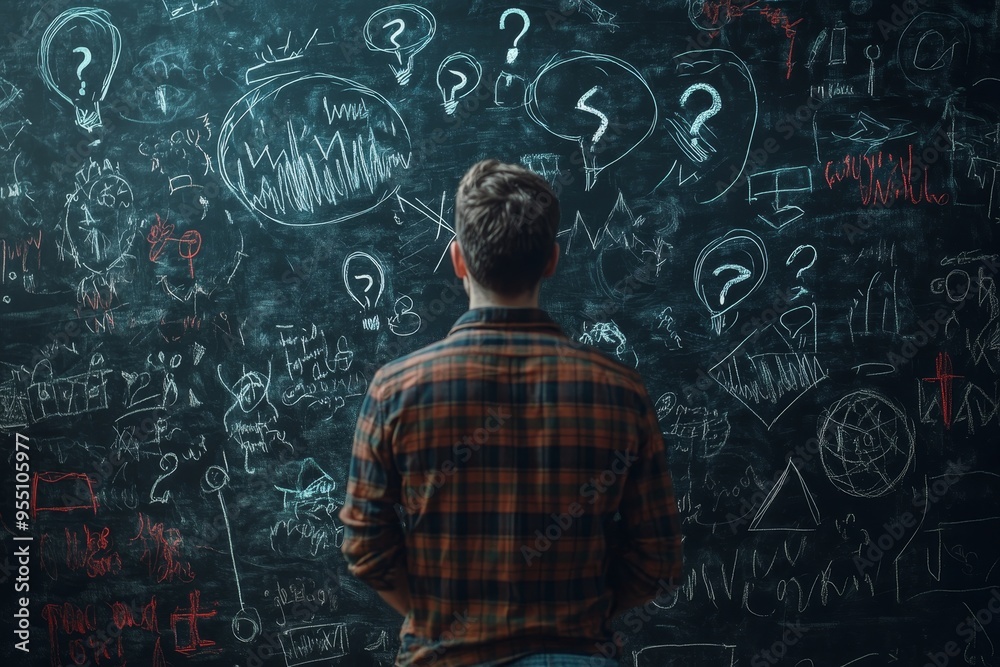 Man in Plaid Shirt Looking at Chalkboard with Question Marks. Man in Plaid Shirt Looking at Chalkboard with Question Marks.