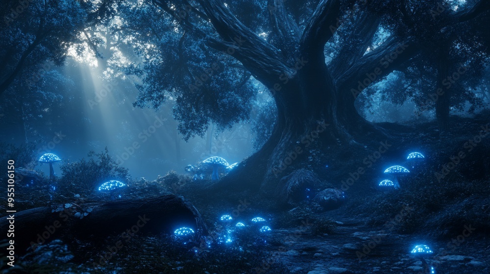 Enchanting blue glowing mushrooms illuminate a mysterious forest path. Enchanting blue glowing mushrooms illuminate a mysterious forest path.