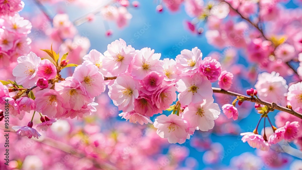 Close up view of cherry tree with beautiful pink cherry blossoms blooming against blue sky background