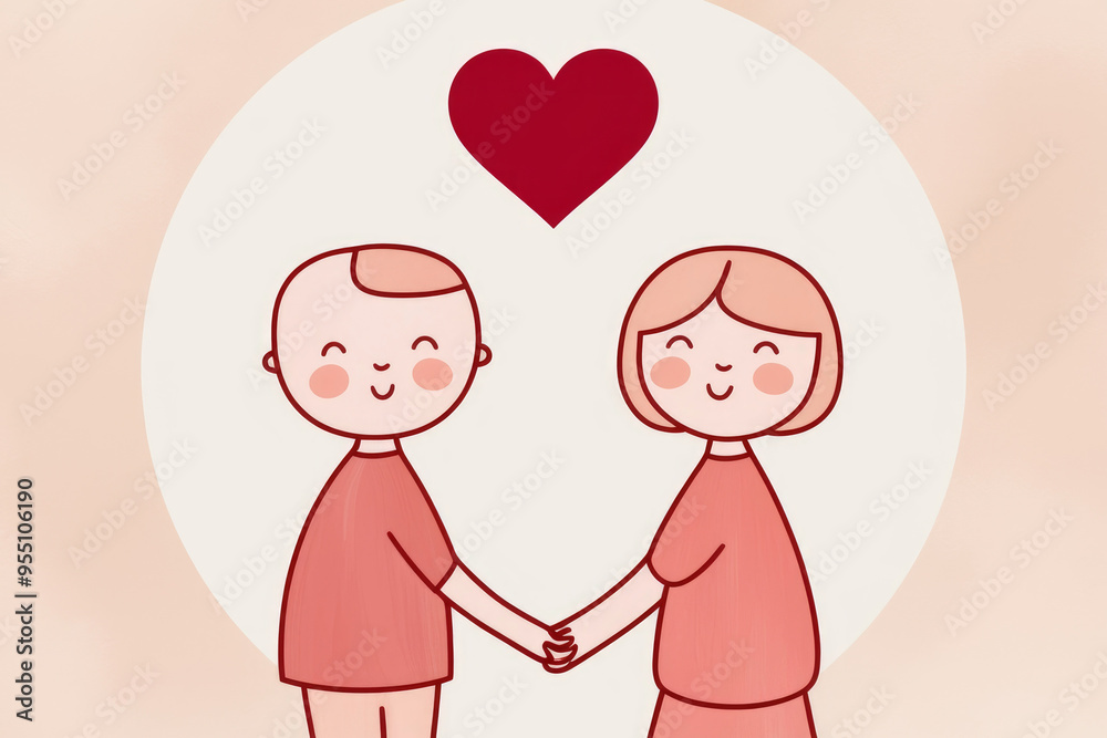 Cute Couple in love. Red heart above them. Minimalist illustration. Print, Valentines Day, love poster. AI generated