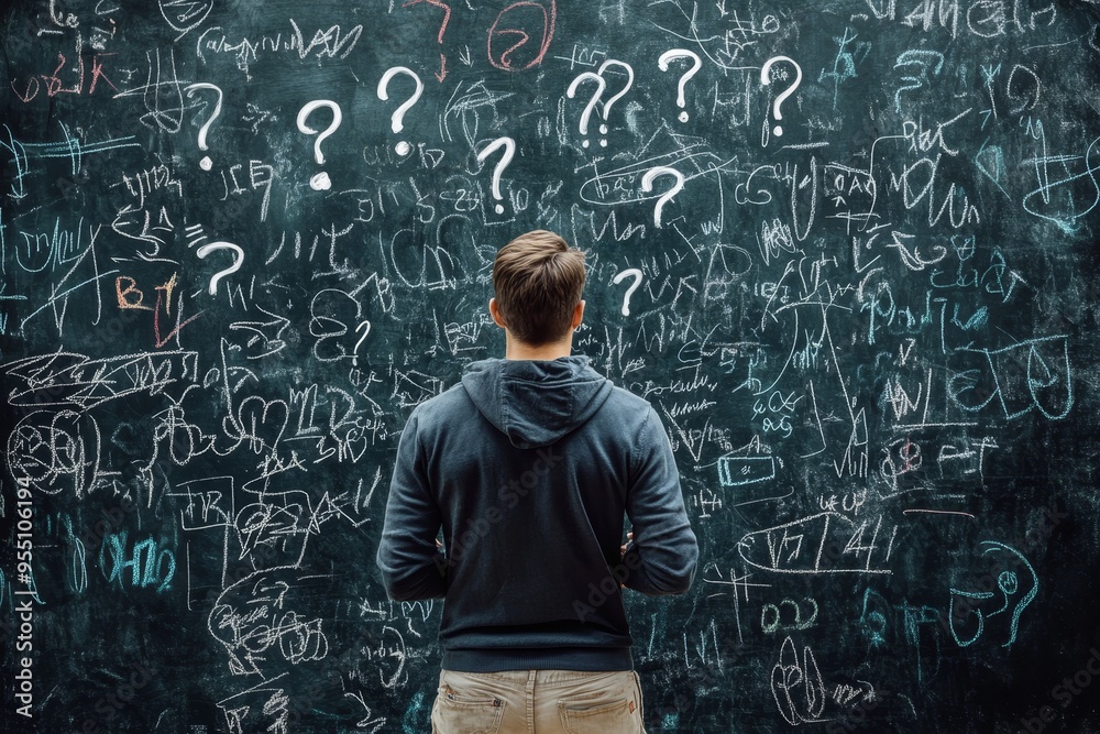 Man stands facing a blackboard covered in question marks and scribbles. Man stands facing a blackboard covered in question marks and scribbles.