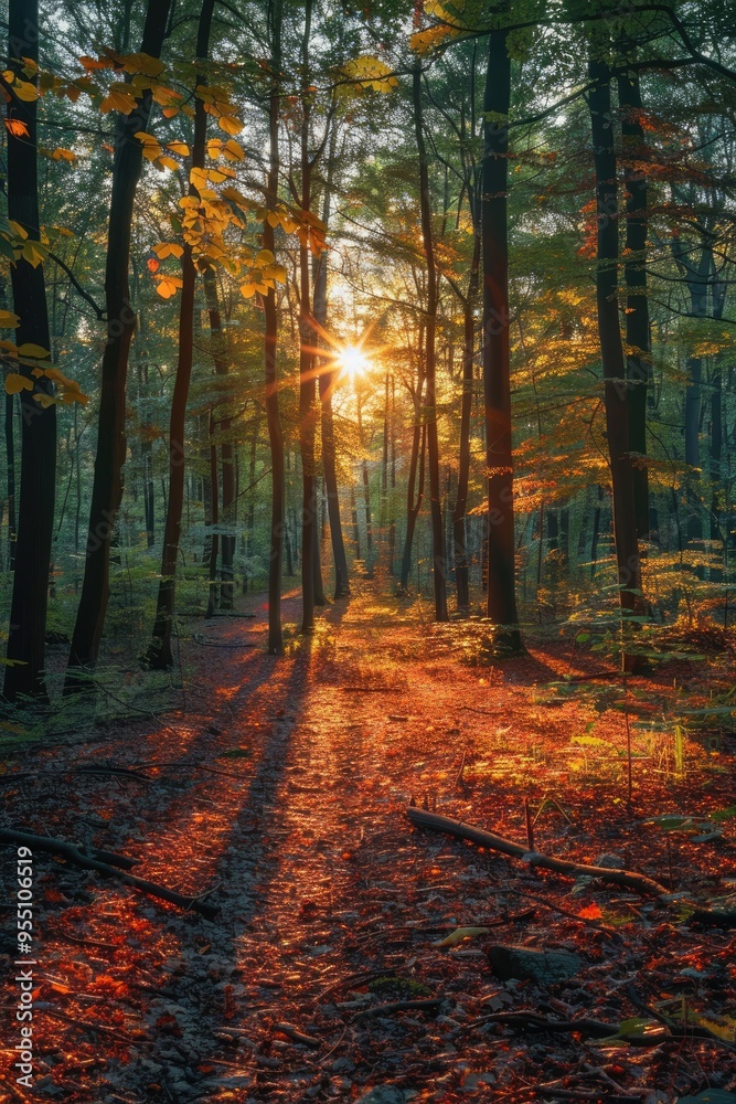 Golden sunbeams illuminating autumnal forest floor Golden sunbeams illuminating autumnal forest floor