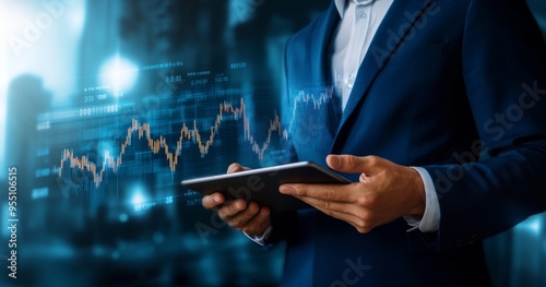 The image shows a businessman using a laptop computer to analyze trade data with a stock exchange graph displayed on screen. Financial stock market trade, foreign exchange.