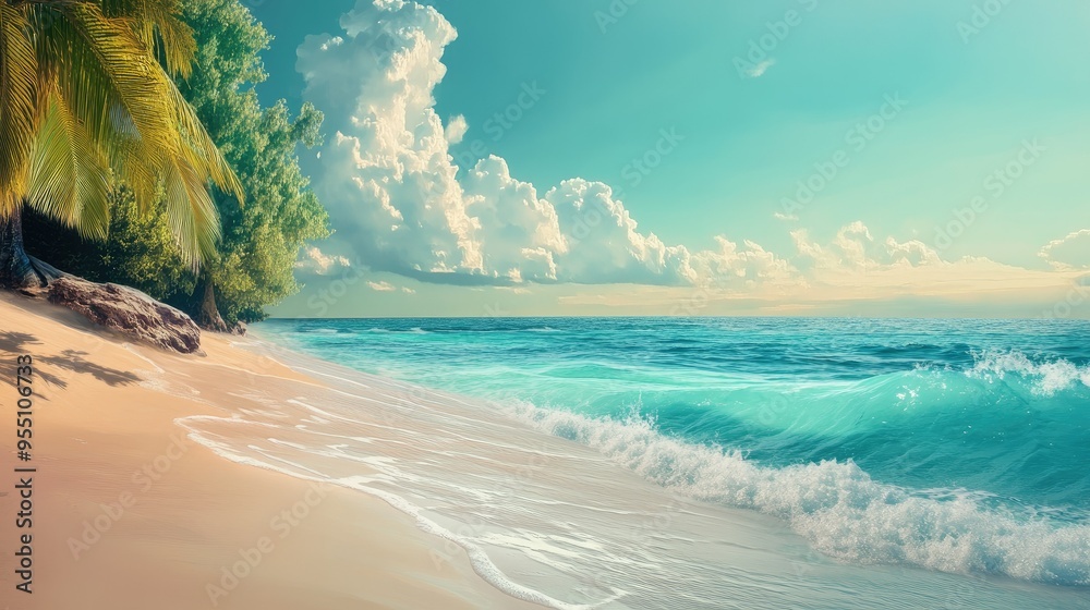 Tropical beach with turquoise water and gentle waves, showcasing a vibrant and inviting seaside scene Tropical beach with turquoise water and gentle waves, showcasing a vibrant and inviting seaside scene