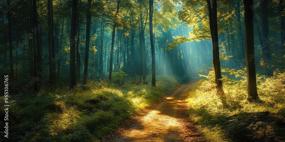 Obraz premium Sun shining through autumn forest with golden leaves covering dirt road
