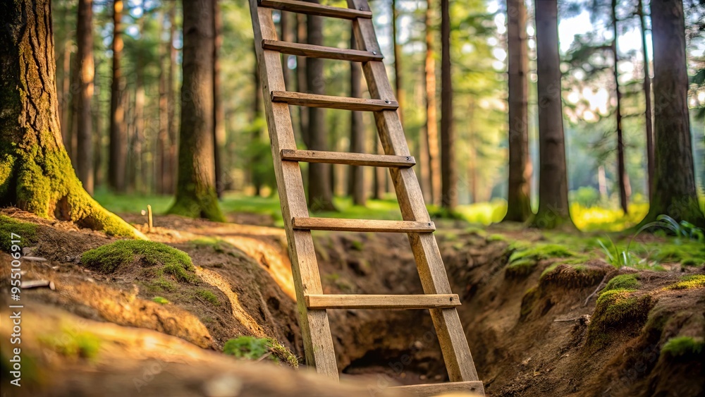 Close up of a wooden ladder blending into natural landscape with trees, soil, and wildlife Close up of a wooden ladder blending into natural landscape with trees, soil, and wildlife