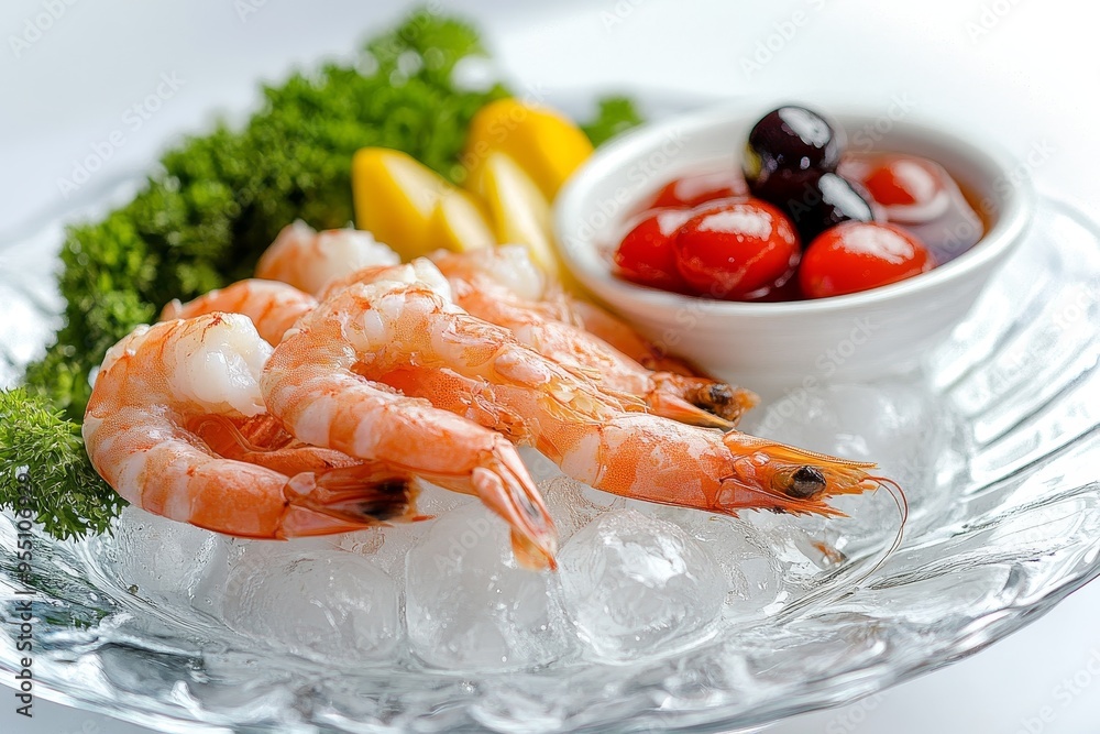 Close-up of shrimp on ice with lemon, parsley, and tomatoes in a small white bowl.