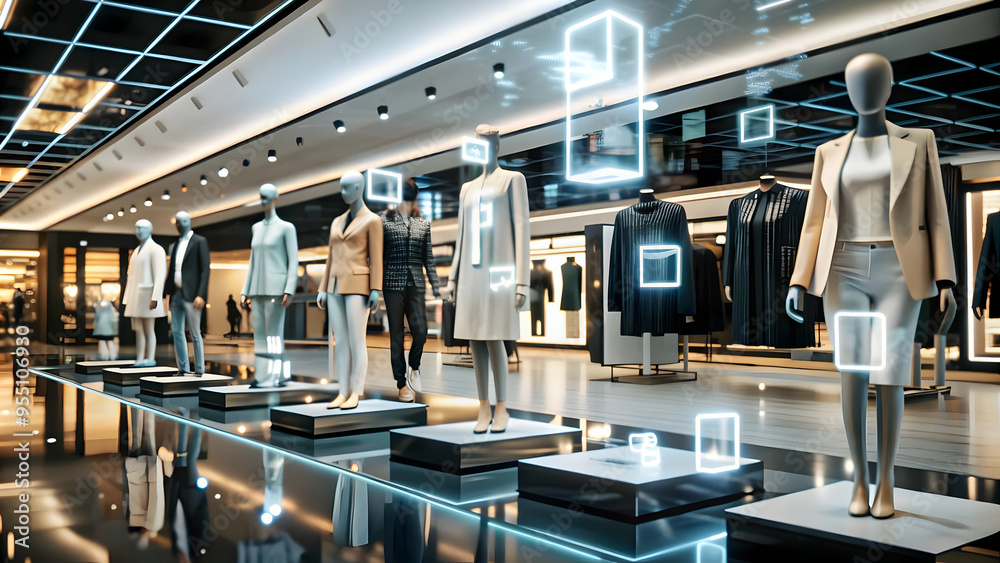 Transformative 3D AI-Driven Retail Space Background - Innovative Concept Featuring Digital Price Tags and Interactive Displays for Future-Focused Retail Technology Optimization