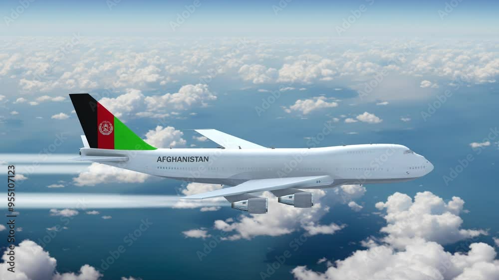 Commercial Airliner Passanger Plane Jumbo Jet Flying over Clouds with Country Flag Afghanistan Commercial Airliner Passanger Plane Jumbo Jet Flying over Clouds with Country Flag Afghanistan