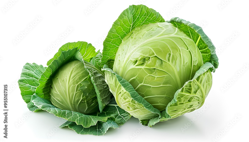 Fototapeta premium Green cabbage isolated on white background with clipping path and full depth of field