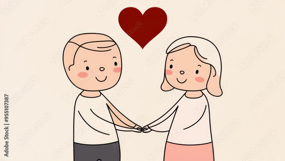 Cute Couple in love. Red heart above them. Minimalist illustration. Print, Valentines Day, love poster. AI generated Cute Couple in love. Red heart above them. Minimalist illustration. Print, Valentines Day, love poster. AI generated