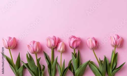 Pink tulips arranged in a row at the bottom of a pink background with copy space.