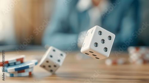 High Stakes Business Decision: Mid-Air Dice Roll Over Strategy Meeting Table