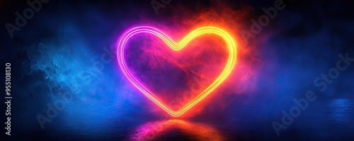 Bright neon heart icon, with a glowing outline and a slight drop shadow, 3D icon photo