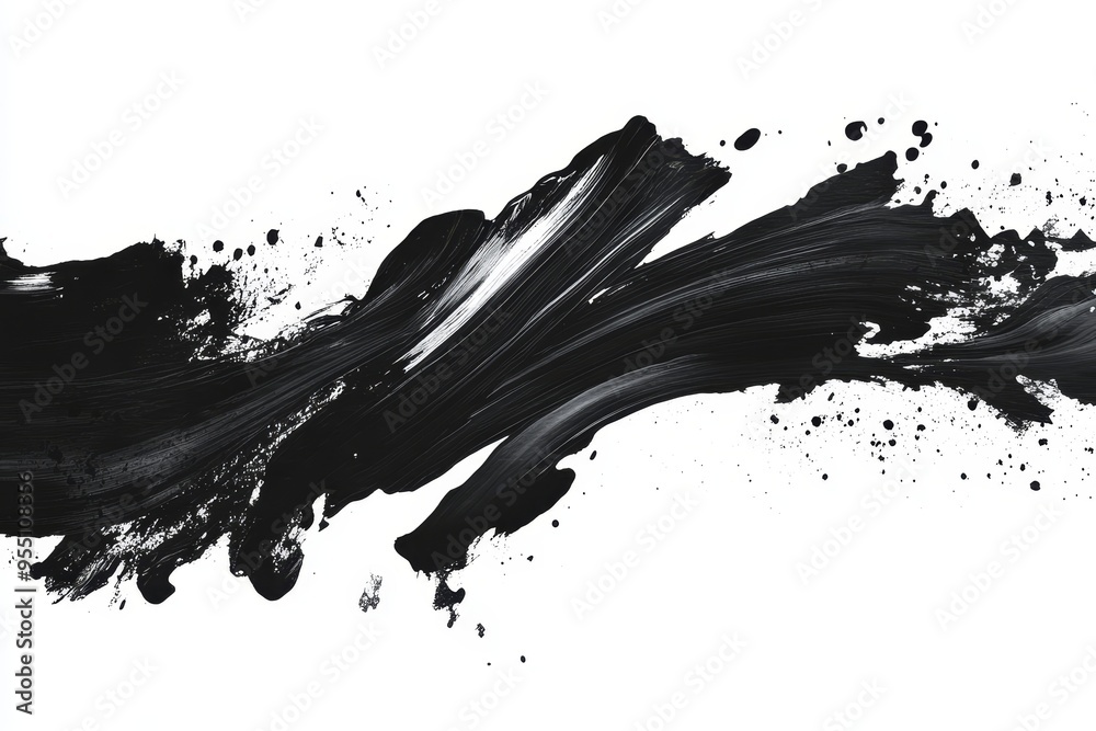 Abstract black paint strokes with splatters on a white background. Abstract black paint strokes with splatters on a white background.