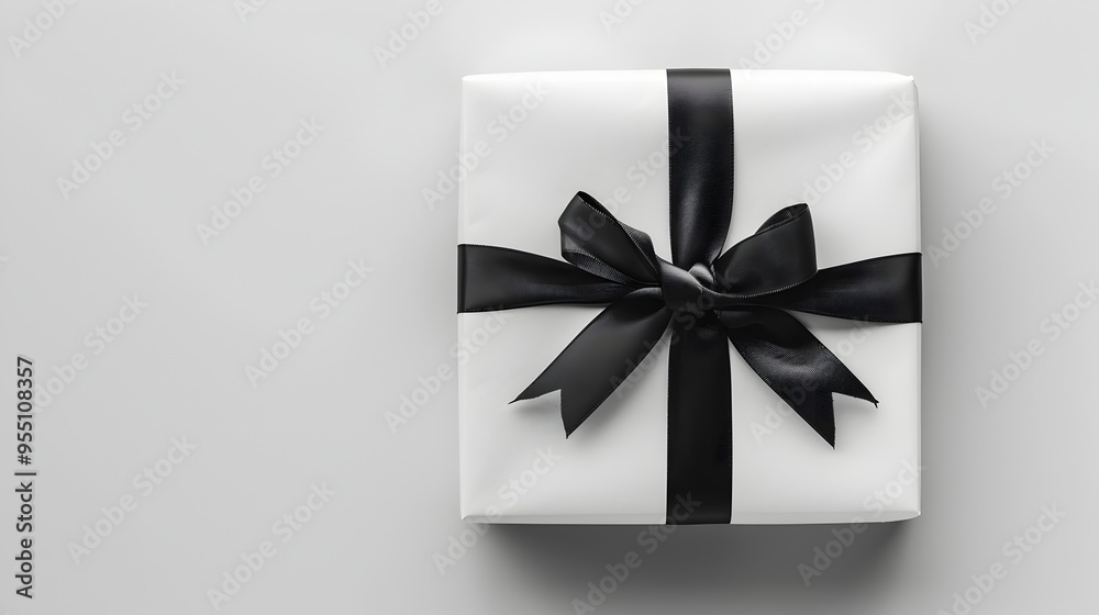 Minimalist White Gift Box with Black Ribbon on Plain Background Minimalist White Gift Box with Black Ribbon on Plain Background