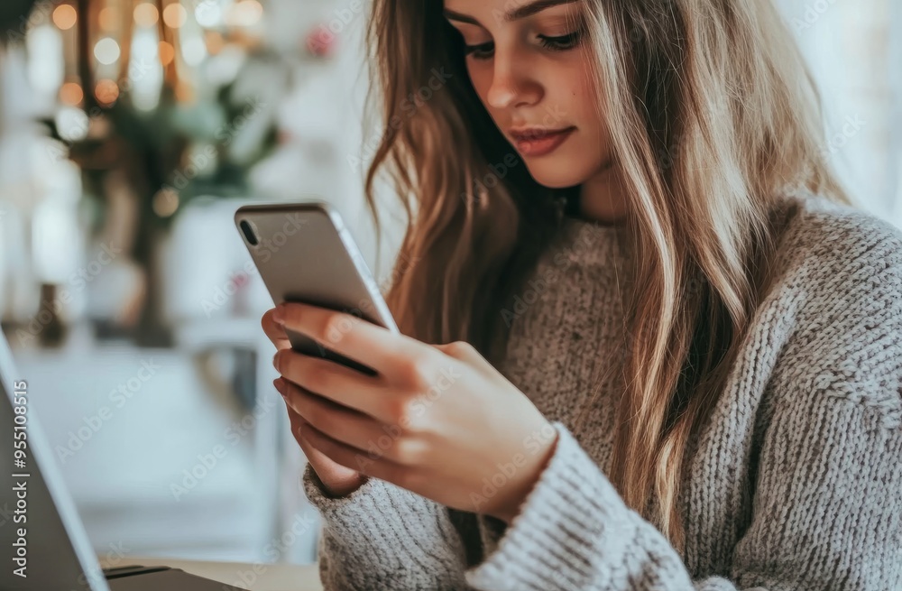 Fototapeta premium Asian businesswoman using mobile smart phone, surfing the internet while working online on laptop computer, seated at modern office