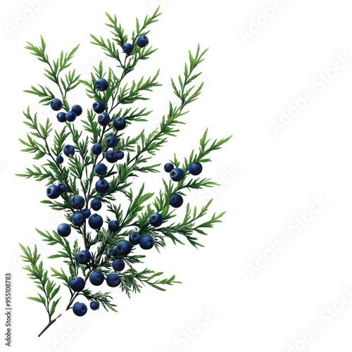 A vibrant juniper branch showcasing rich green foliage and deep blue berries, perfect for nature-themed designs and botanical illustrations.