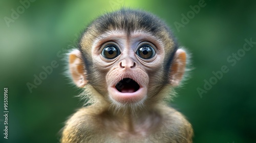 Startled Baby Monkey with Wide Eyes Amidst Greenery