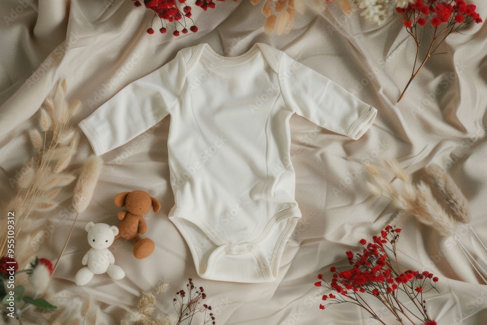 Simple White Baby Onesie with Soft Toys and Floral Arrangement - Perfect for Nursery Decor or Baby Showers Simple White Baby Onesie with Soft Toys and Floral Arrangement - Perfect for Nursery Decor or Baby Showers