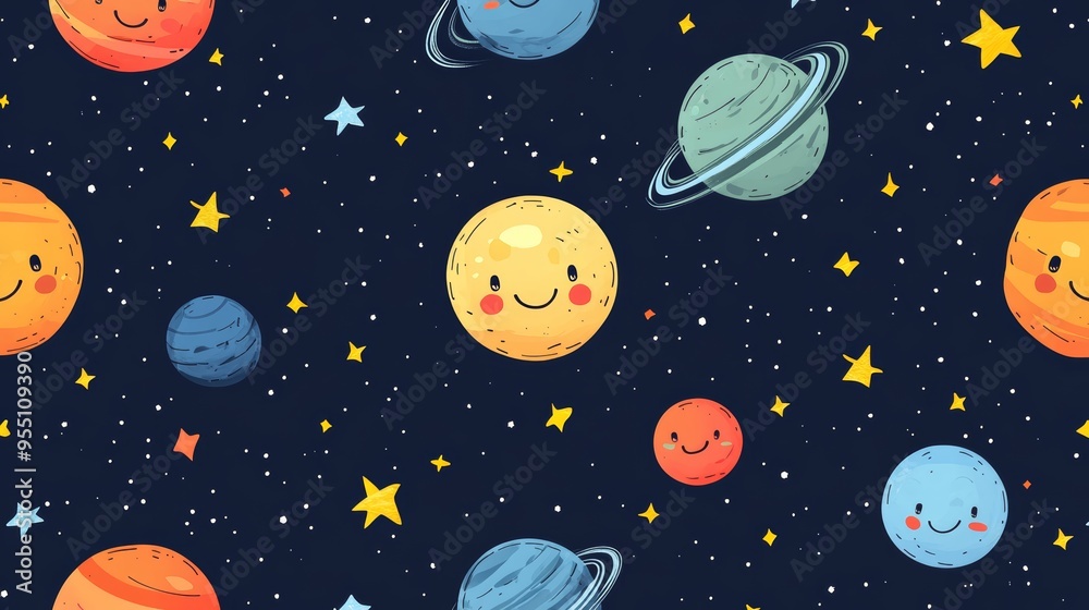 A cheerful and colorful pattern featuring smiling planets and stars in a whimsical space scene. A cheerful and colorful pattern featuring smiling planets and stars in a whimsical space scene.
