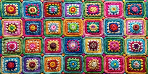 Colorful granny square afghan made up of intricate crochet squares