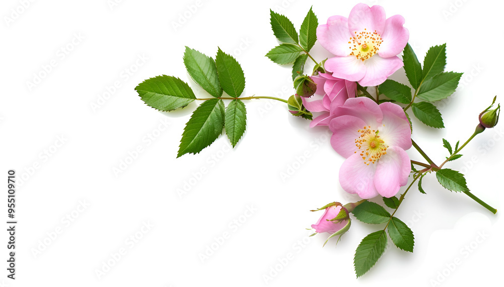 Fototapeta premium Rosehip flowers with leaf isolated on white background