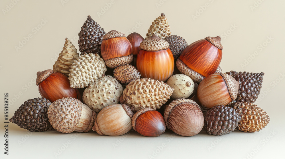 Acorns Arrangement,  An elegant display of acorns arranged aesthetically on a soft beige background, highlighting their natural beauty and intricate textures