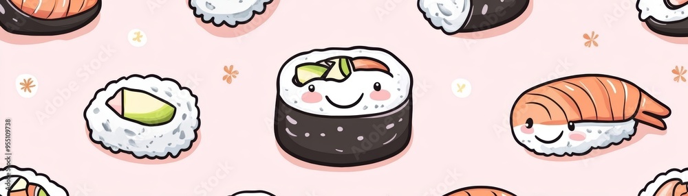 A cute and playful pattern featuring various sushi types on a soft pink background, perfect for food lovers and design projects. A cute and playful pattern featuring various sushi types on a soft pink background, perfect for food lovers and design projects.