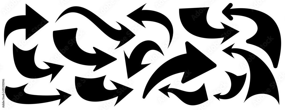 A collection of bold black curved arrow icons featuring varied shapes and directions, ideal for creative and expressive visual designs. Vector illustration. A collection of bold black curved arrow icons featuring varied shapes and directions, ideal for creative and expressive visual designs. Vector illustration.