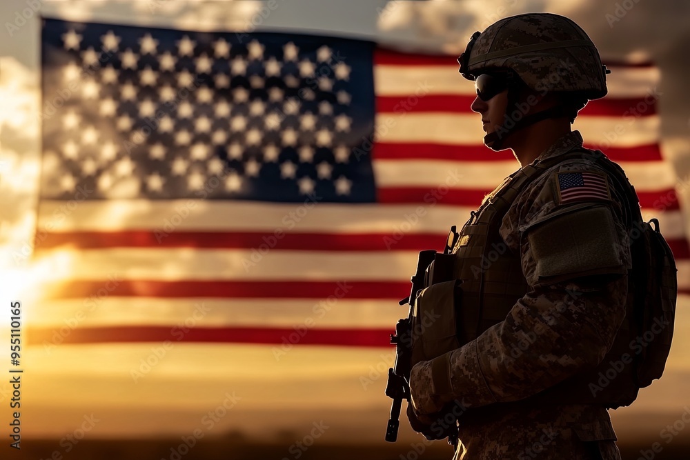 Silhouette of a soldier standing in front of a waving American flag during sunset. Silhouette of a soldier standing in front of a waving American flag during sunset.