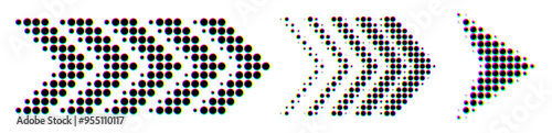 A series of dotted arrow icons with a gradient effect, transitioning in size and direction with a vibrant glitch style. Vector illustration.
