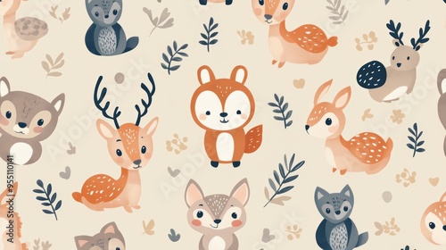 Wallpaper Mural A playful pattern featuring cute woodland animals and leaves, perfect for children's decor or playful designs. Torontodigital.ca