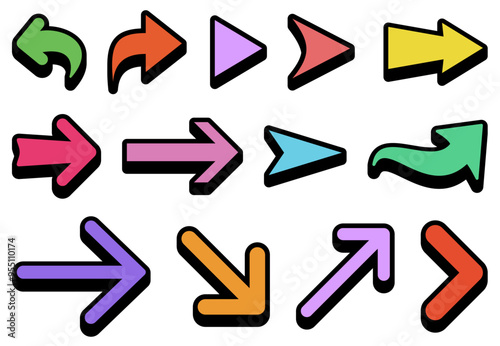 Vector illustration of a set of vibrant arrows in different directions with thick black outlines.