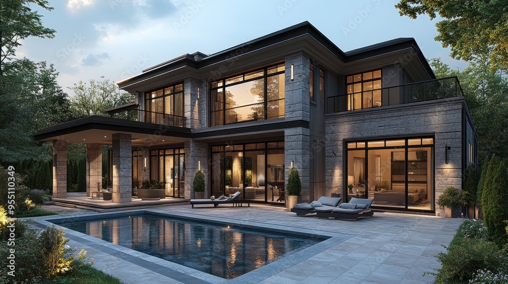 Fototapeta premium Modern house with a pool and landscaped surroundings at dusk.