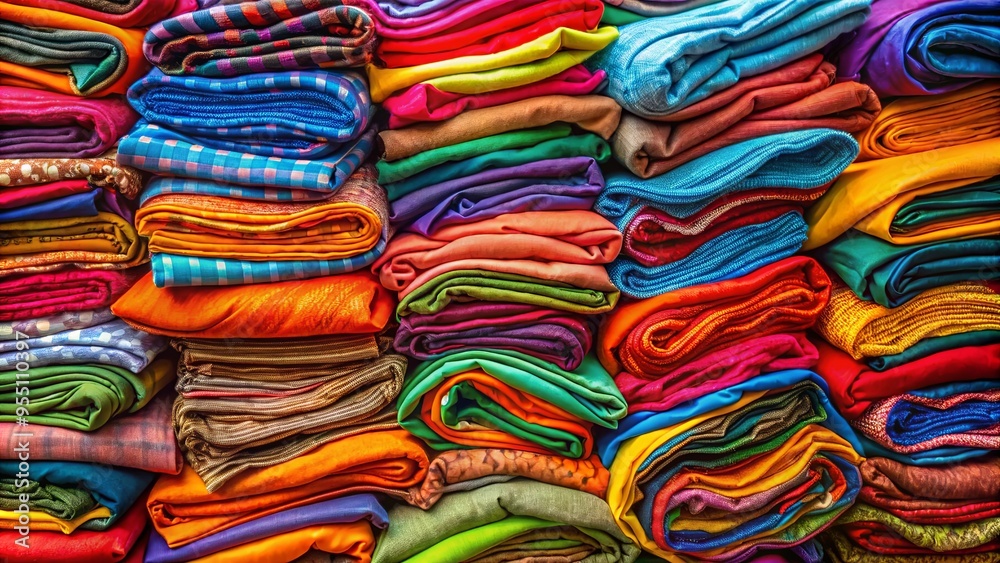 Colorful fabric folded and stacked in a vibrant pile Colorful fabric folded and stacked in a vibrant pile