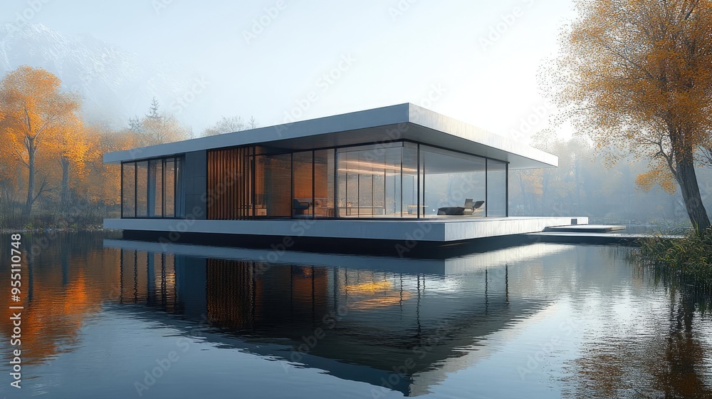 Floating house on a lake, with a glass bottom and a sleek, cantilevered design, 3D architecture Floating house on a lake, with a glass bottom and a sleek, cantilevered design, 3D architecture