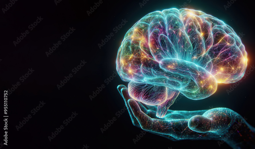 Hologram of the brain. Wireframe glowing low poly design on dark background, healthy brain concept Hologram of the brain. Wireframe glowing low poly design on dark background, healthy brain concept
