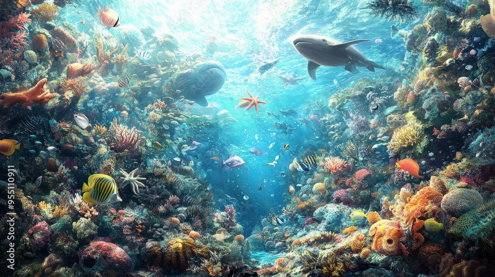 Obraz premium A vibrant underwater scene teeming with colorful marine life and coral formations.