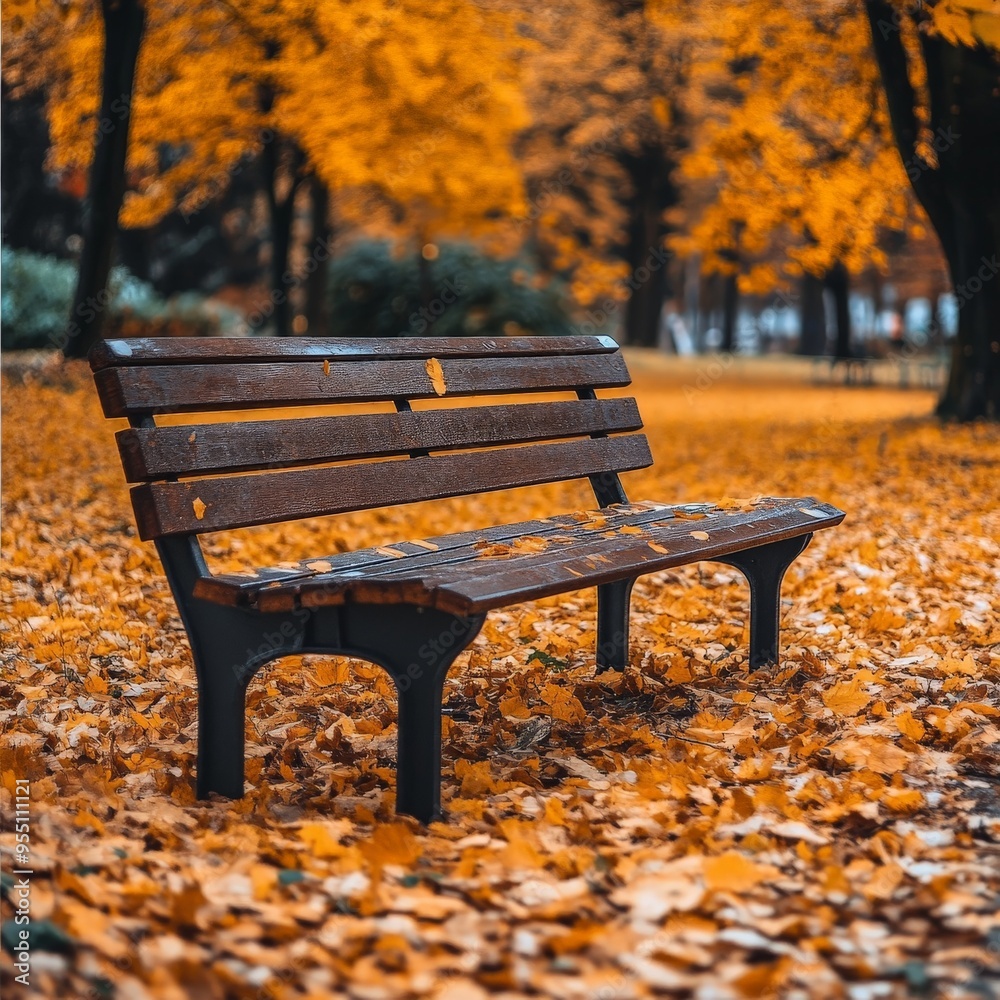 Autumn Serenity: Park Bench Amidst Vibrant Leaves Autumn Serenity: Park Bench Amidst Vibrant Leaves