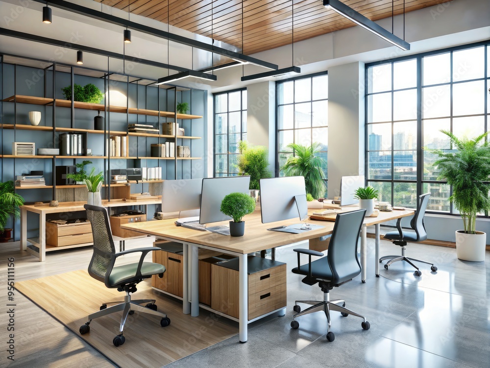 Modern office space with sleek, ergonomic chairs, minimalist desks, and functional shelving units, conveying a sense of productivity and innovative global workspace solutions. Modern office space with sleek, ergonomic chairs, minimalist desks, and functional shelving units, conveying a sense of productivity and innovative global workspace solutions.