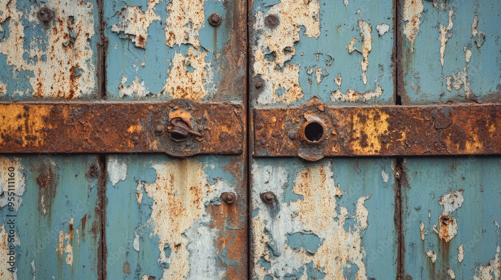 Weathered rusted iron gate with flaking paint and corroded edges, creating a vintage and industrial look Weathered rusted iron gate with flaking paint and corroded edges, creating a vintage and industrial look