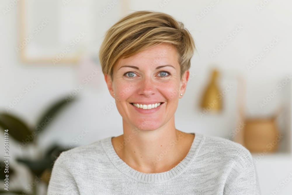 Confident Businesswoman with Short Hair in a Modern Office Setting Confident Businesswoman with Short Hair in a Modern Office Setting