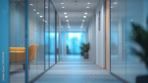 Office Meeting Room   A blurred image of an office hallway leading to a meeting room  featuring modern decor and ample lighting  creating a professional atmosphere