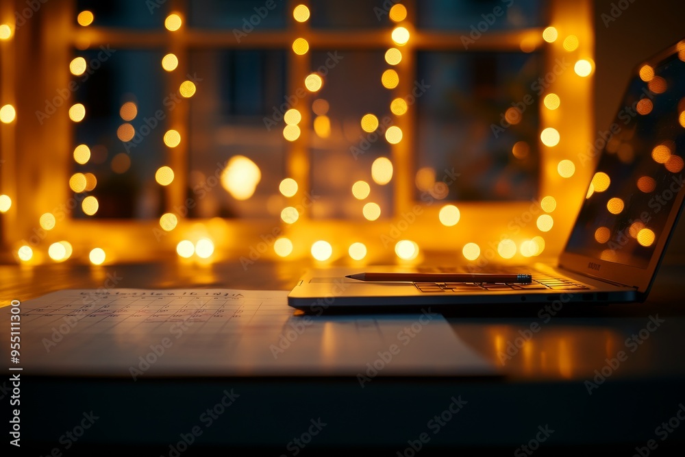 A close-up of a calendar on a table with a laptop computer and mobile phone in an office, where no one can be seen A close-up of a calendar on a table with a laptop computer and mobile phone in an office, where no one can be seen
