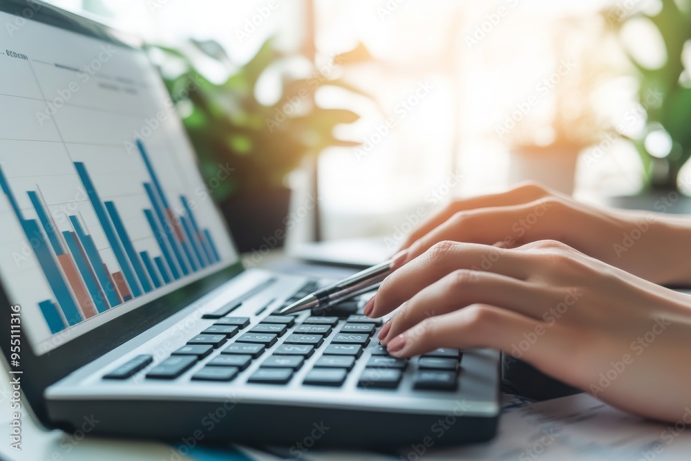 Accounting hand of business woman using calculator and laptop at office desk calculating finance. Accounting hand of business woman using calculator and laptop at office desk calculating finance.