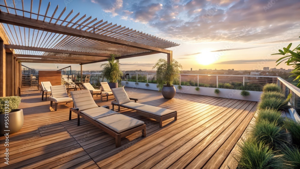 Fototapeta premium Rooftop Terrace with Loungers and City Skyline at Sunset